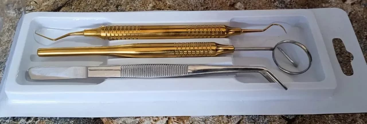 Three-piece dental examination kit in its tray
