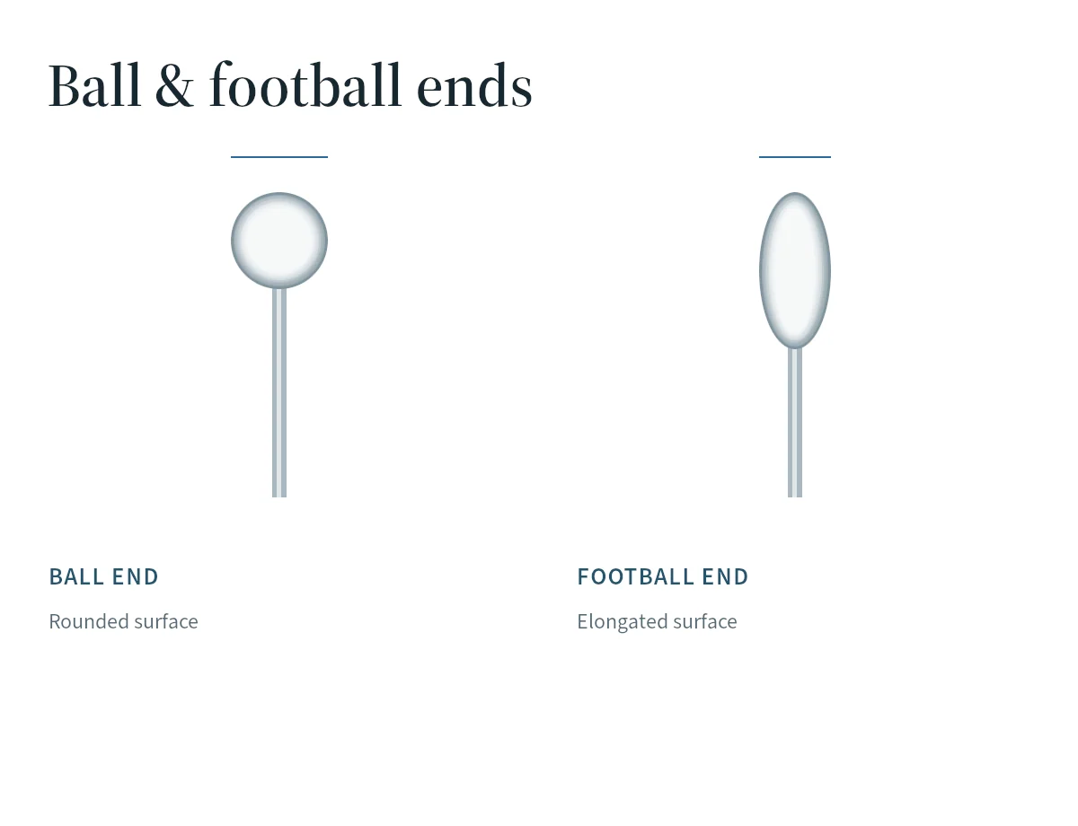Ball and football burnisher working ends compared as simplified shape studies.