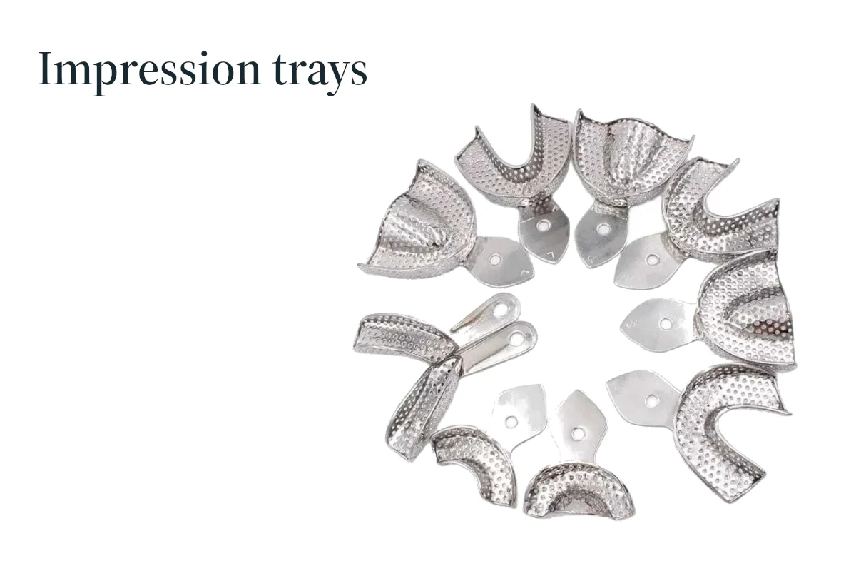Metal impression trays in a range of arch forms and sizes.