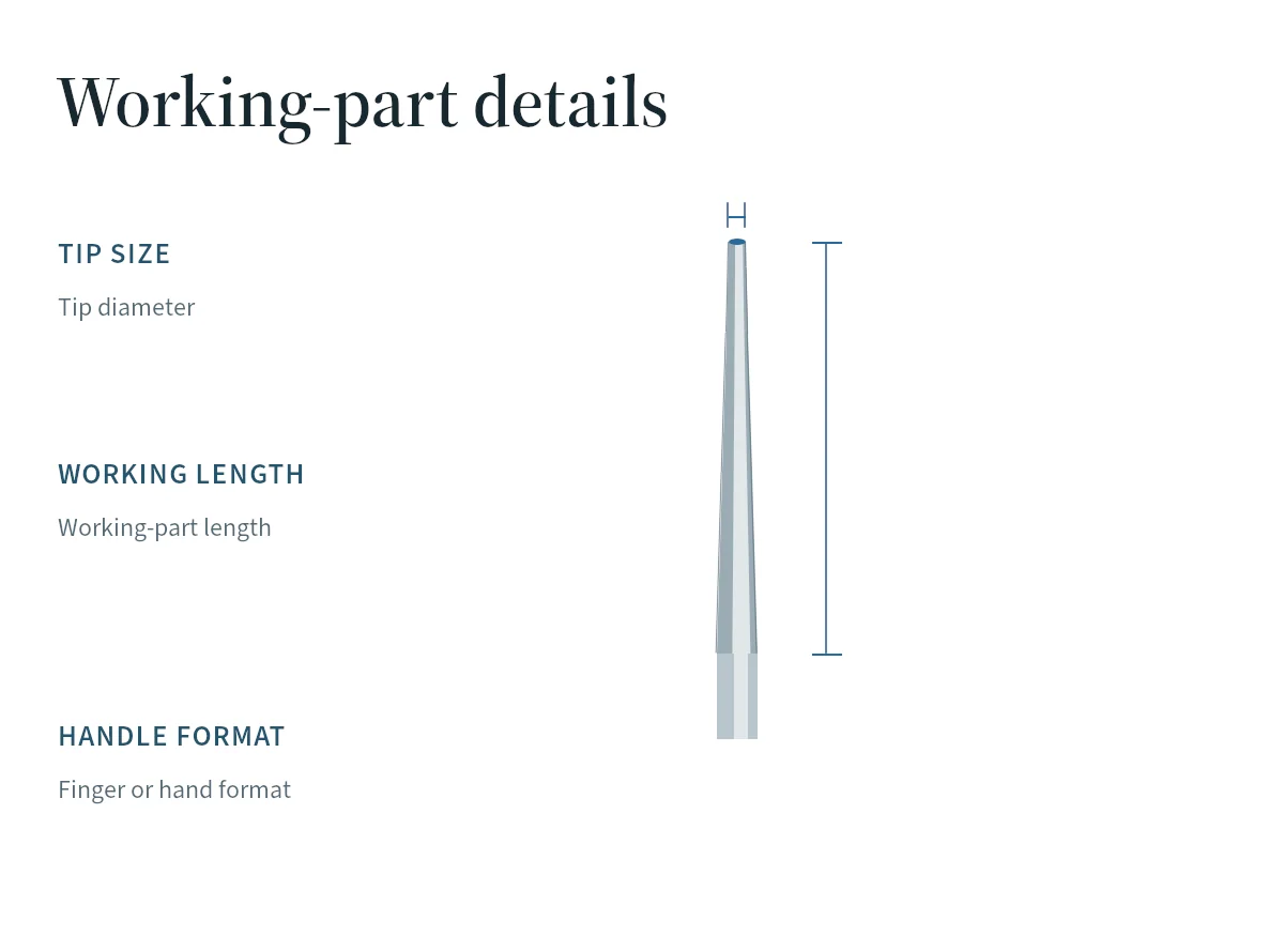 A plugger illustration distinguishes tip diameter, working length and handle format without assigning dimensions.