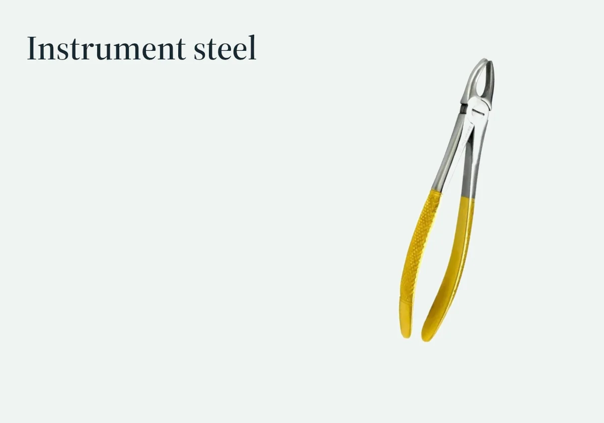 An extraction forceps beside the three material-selection checks: function, construction and evidence.