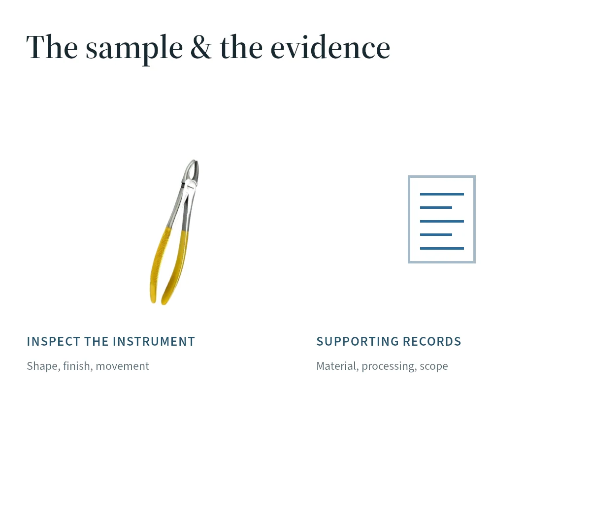 An instrument sample and a document illustrate the difference between visible quality checks and supporting records.