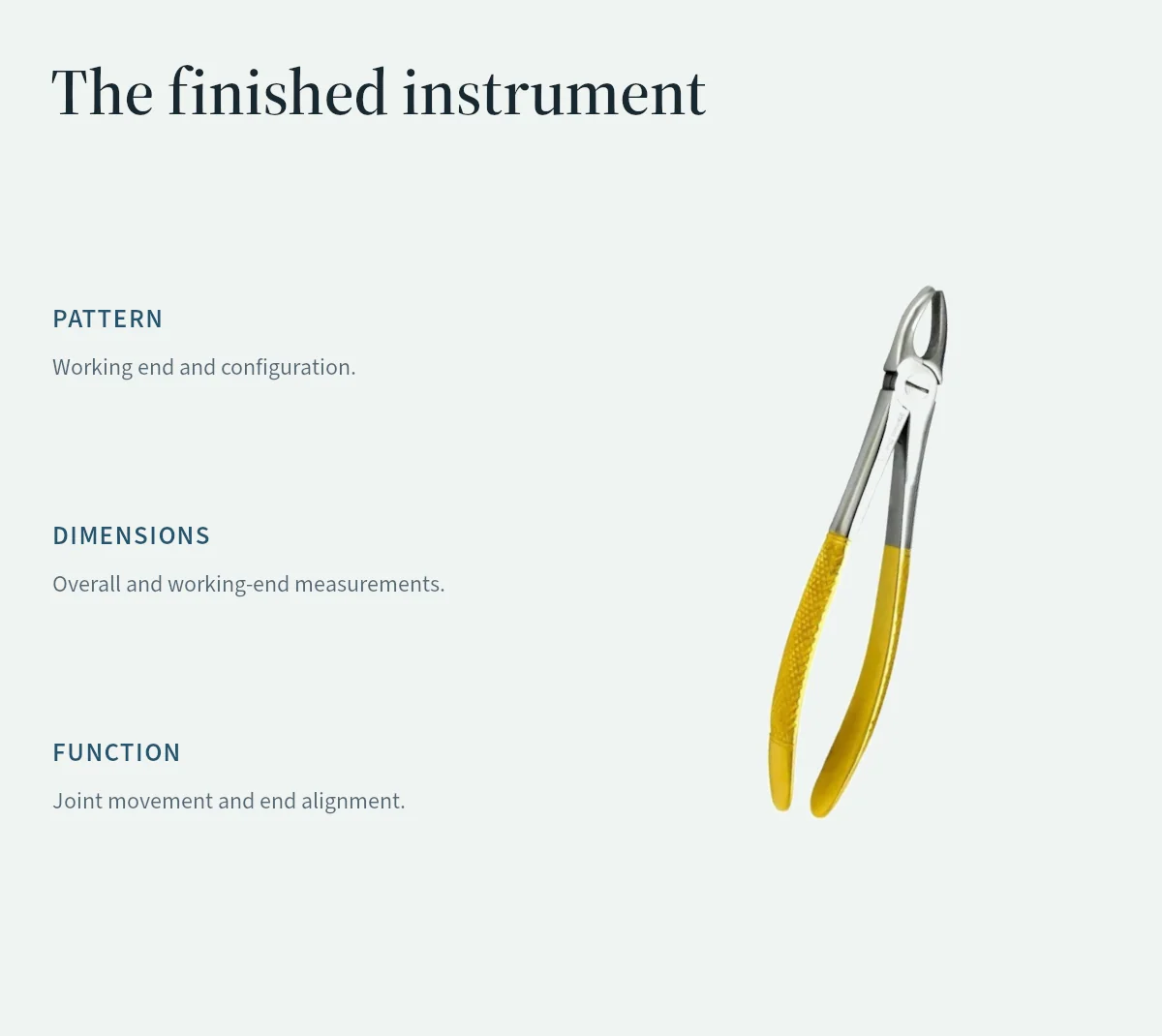 An extraction forceps illustrates the three checks against a specification: pattern, dimensions and function.