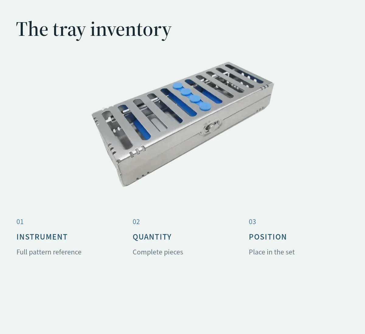 A cassette illustrates three inventory fields: instrument reference, complete-piece quantity and position.