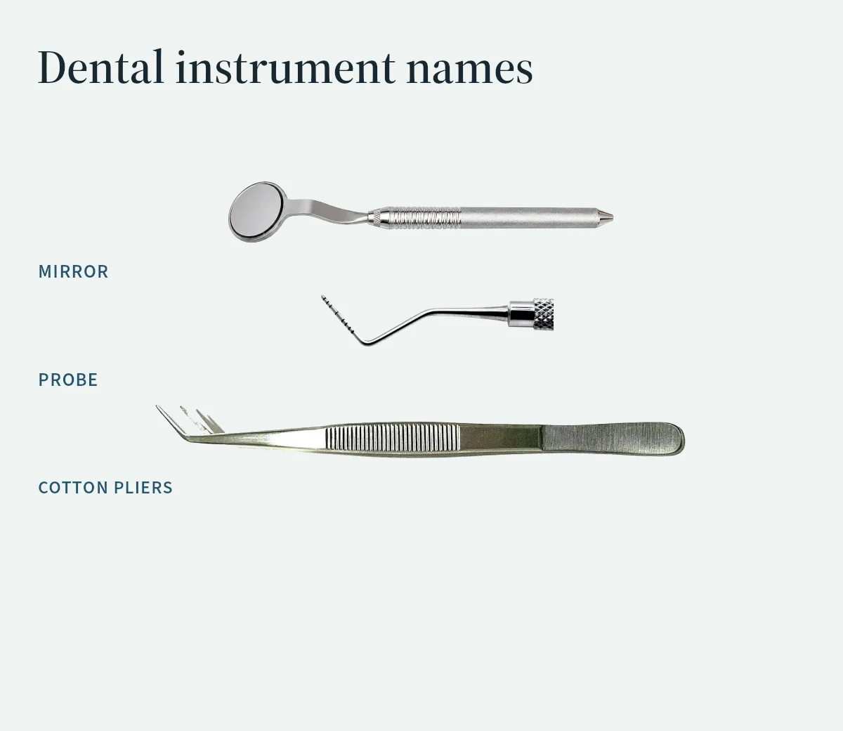 A mirror, periodontal probe and cotton pliers shown with their family names.