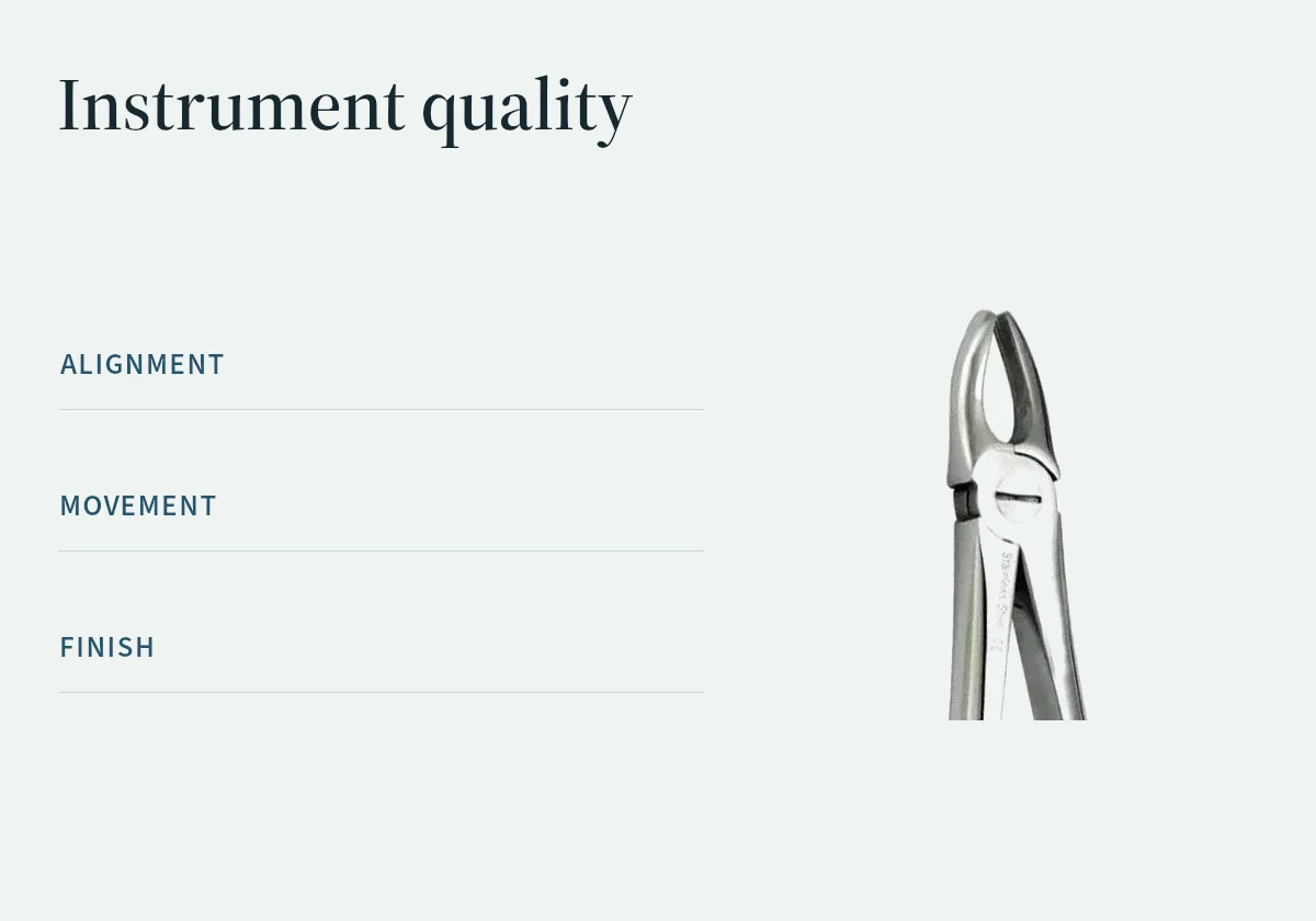 A forceps working end illustrates alignment, movement and finish as visible quality checks.