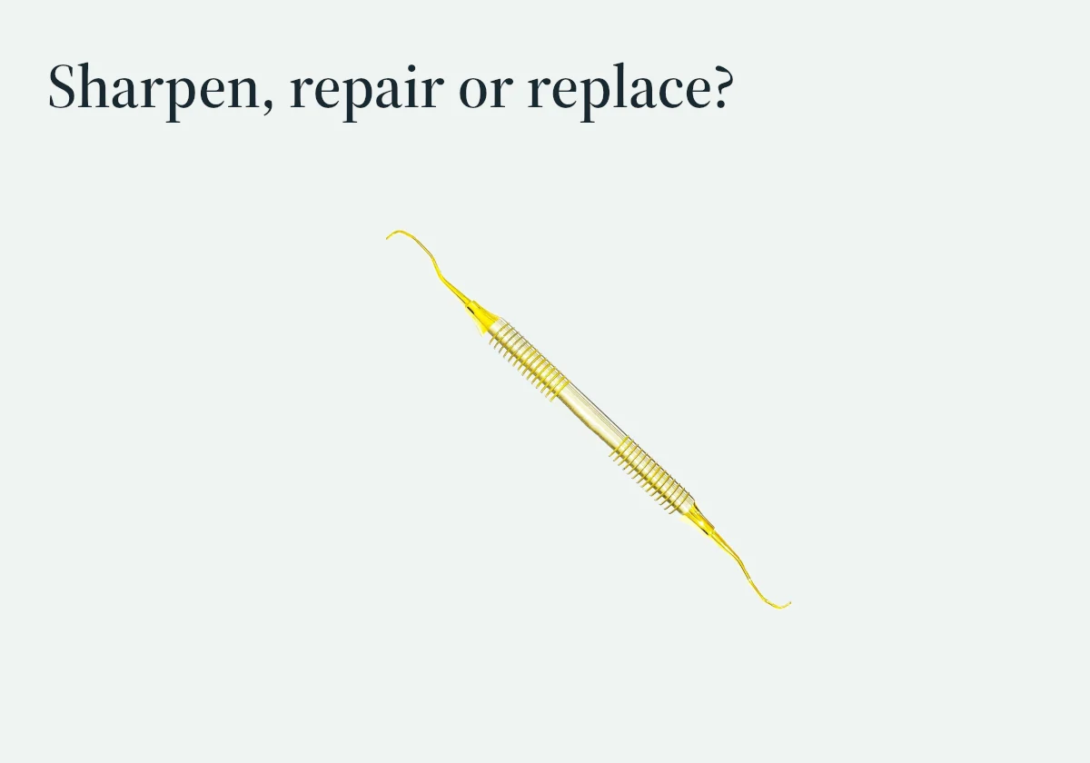 A complete double-ended curette introduces the distinction between sharpening, repair and replacement.