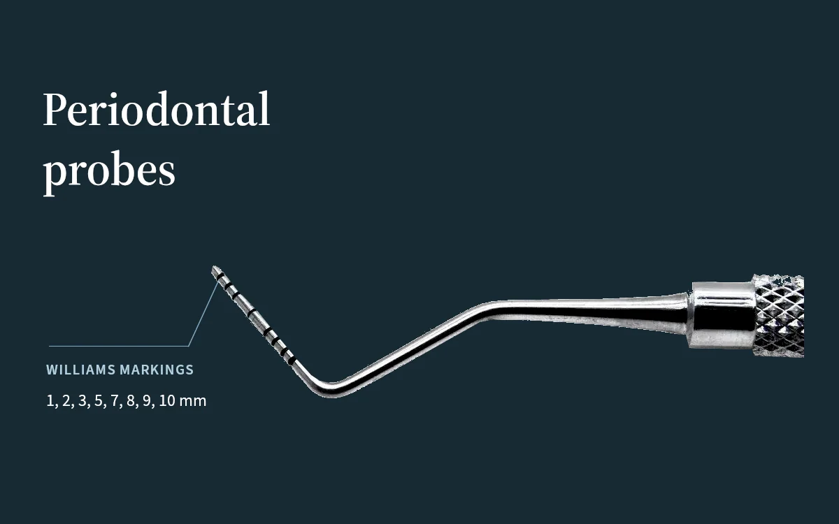 A periodontal probe photograph emphasizes its measuring tip and graduated scale.