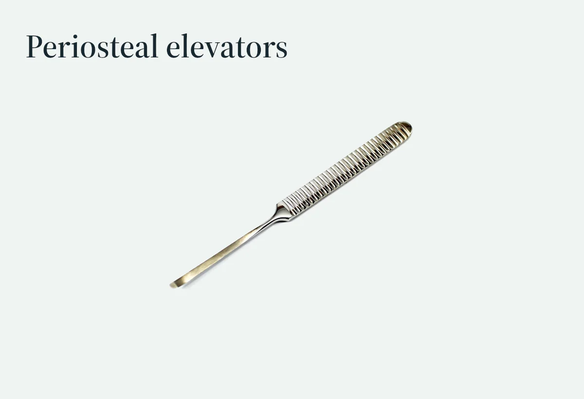 A periosteal elevator presented with its flat working blade and textured handle visible.