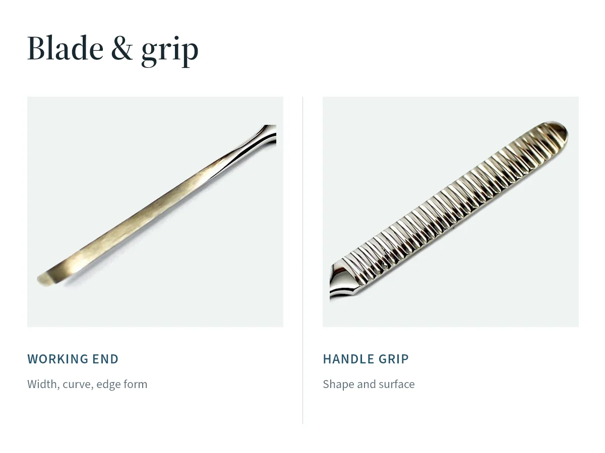 Working-blade and handle close-ups show separate inspection areas on a periosteal elevator.