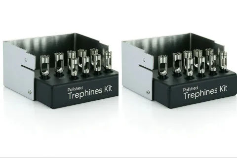 Dental implant trephine drills with their holder