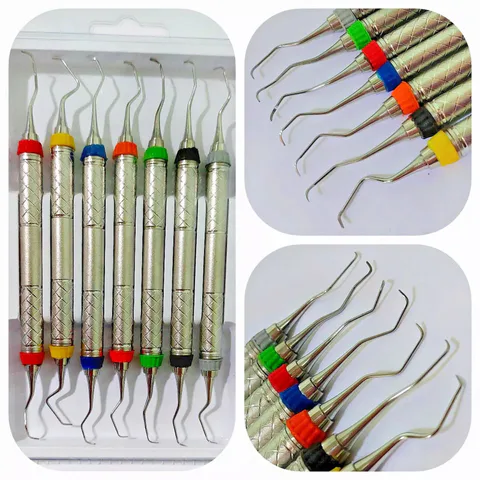 Seven color-banded Gracey curettes in a holder, with close-up insets of the working ends