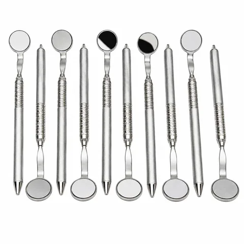Dental mirror heads and matching metal handles arranged as repeated examples
