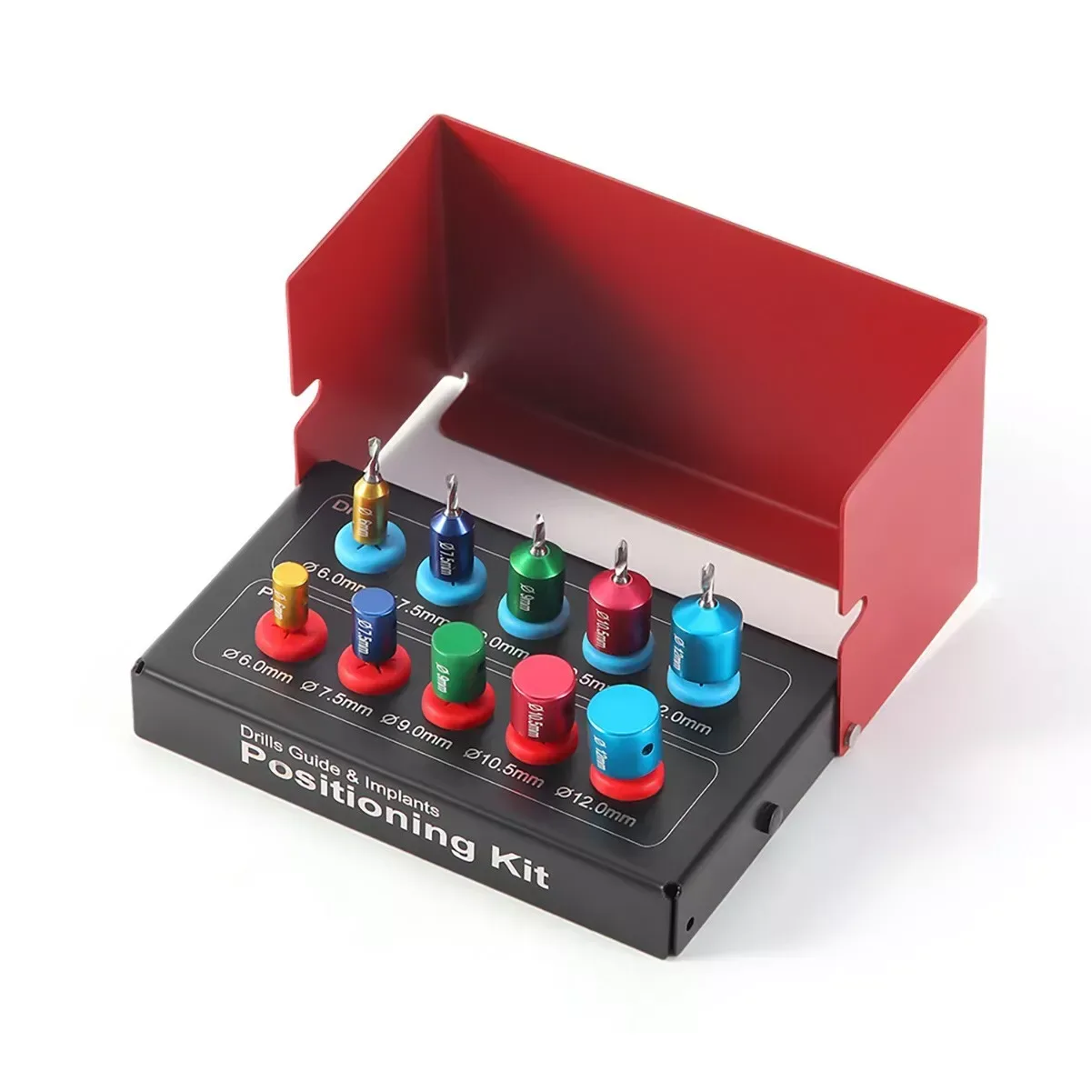 Implant pilot drill and positioning guide assortment in red holder — view 1