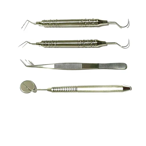 Example student diagnostic assortment with mirror, tweezers and two combination instruments — view 1