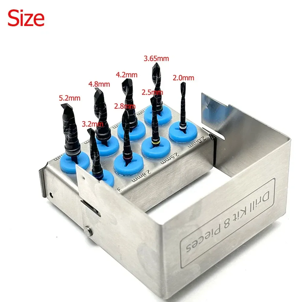 Eight black-finish implant drills with diameter-labelled metal holder — view 1