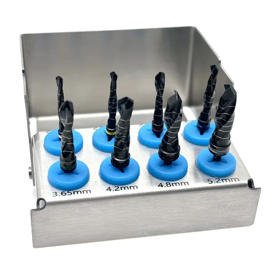 Implant surgical drill kit in an open stainless steel case